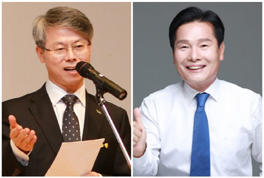 민형배(왼쪽) 무소속 의원과 주철현 더불어민주당 의원. <주철현 SNS, 연합뉴스>